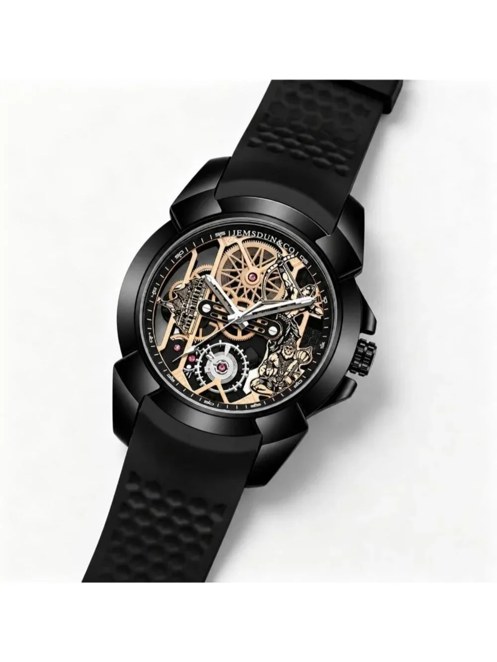 Men's Black Skeleton Luminous Quartz Silicone Strap Round Hollow Dial Watch